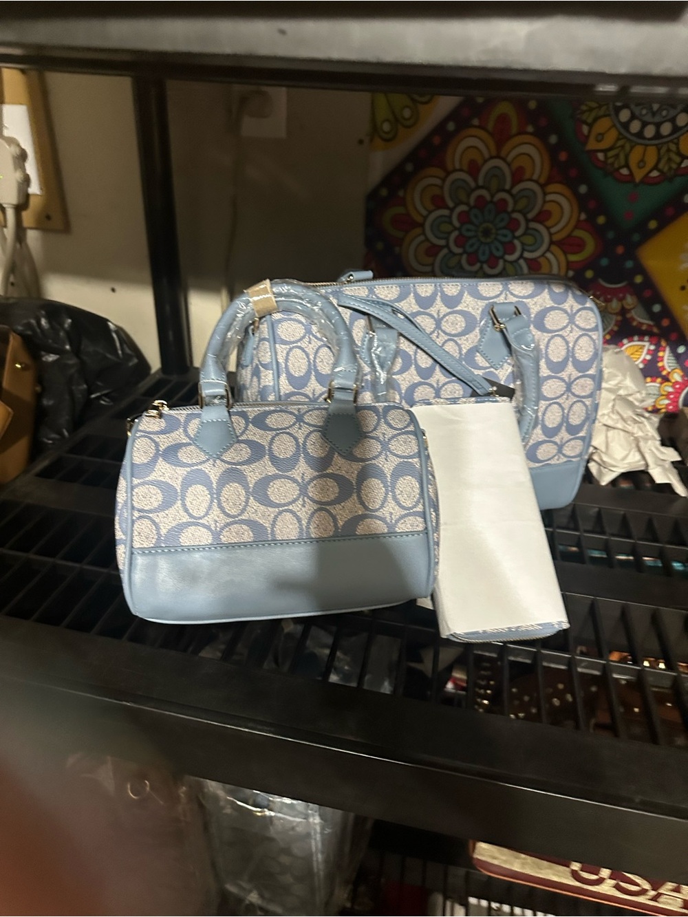 3 PC Light Blue Patterned Women’s Satchel Bag with Matching Bag&Wallet
